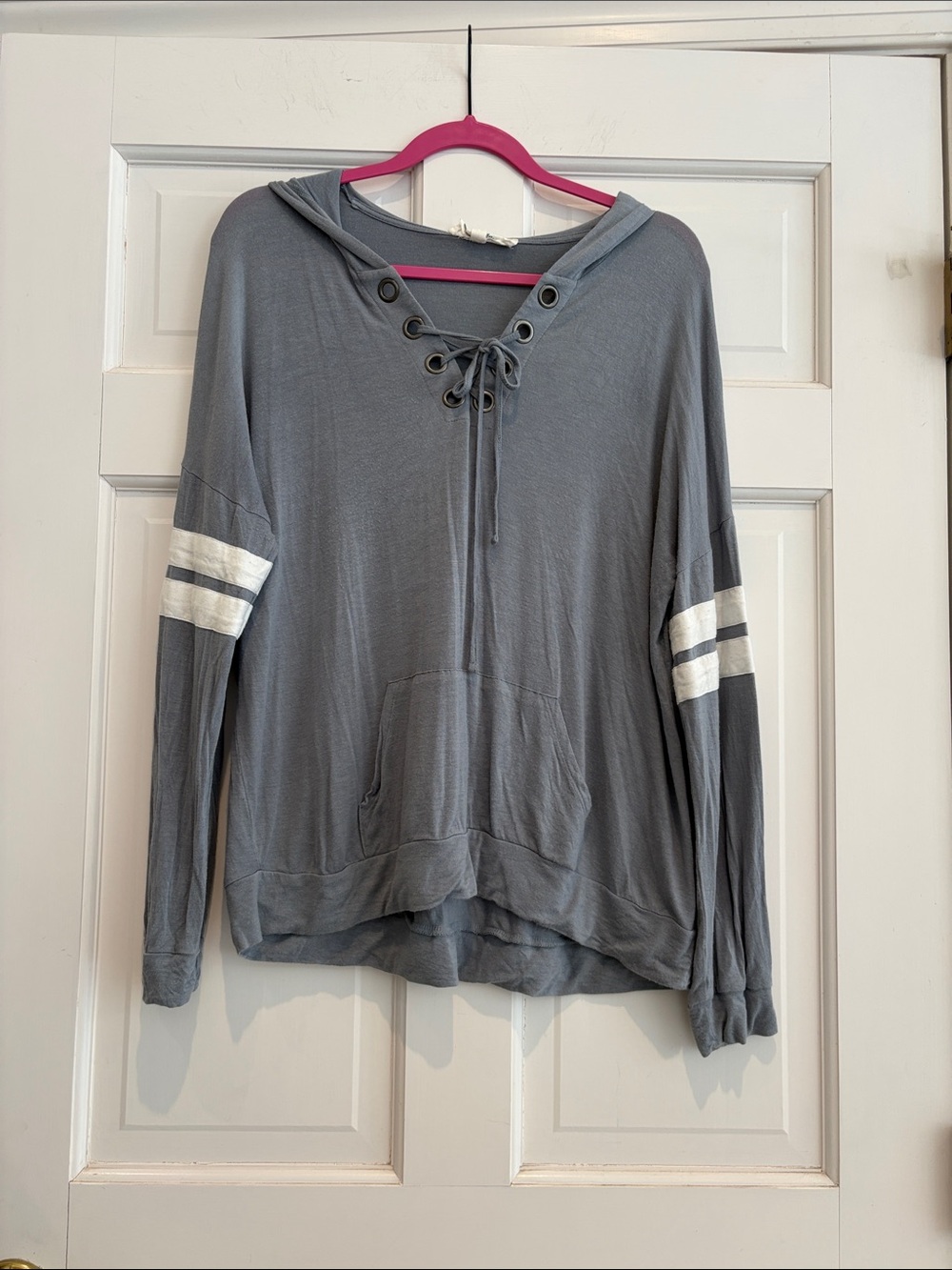 Hippie Rose Lace-Up Hooded Pullover in Gray with White Stripes, Light-weight Tee